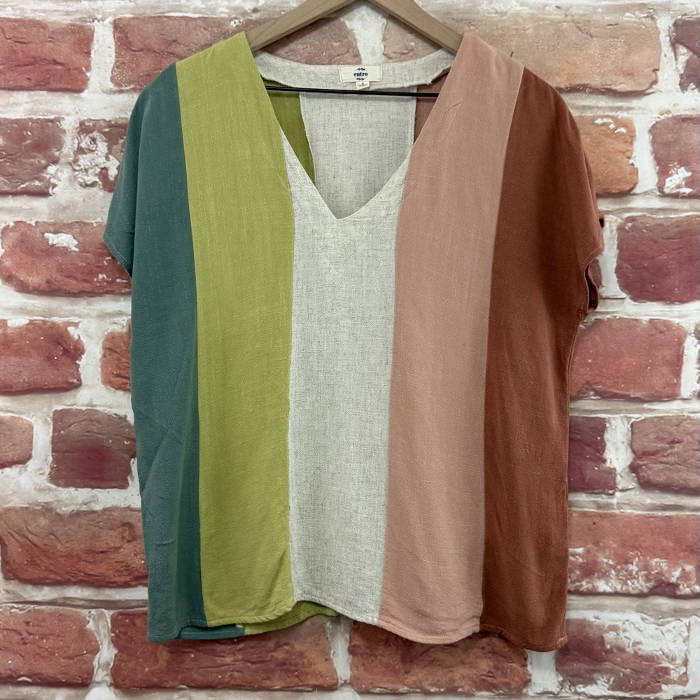 Entro Top Women's Small Multicolor Linen Blend Colorblock Striped Casual Shirt